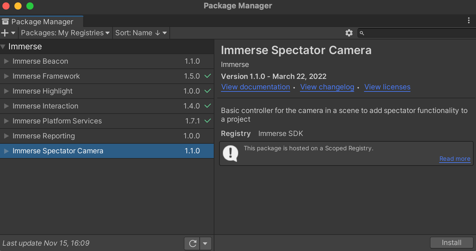 Immerse packages in the Unity package manager