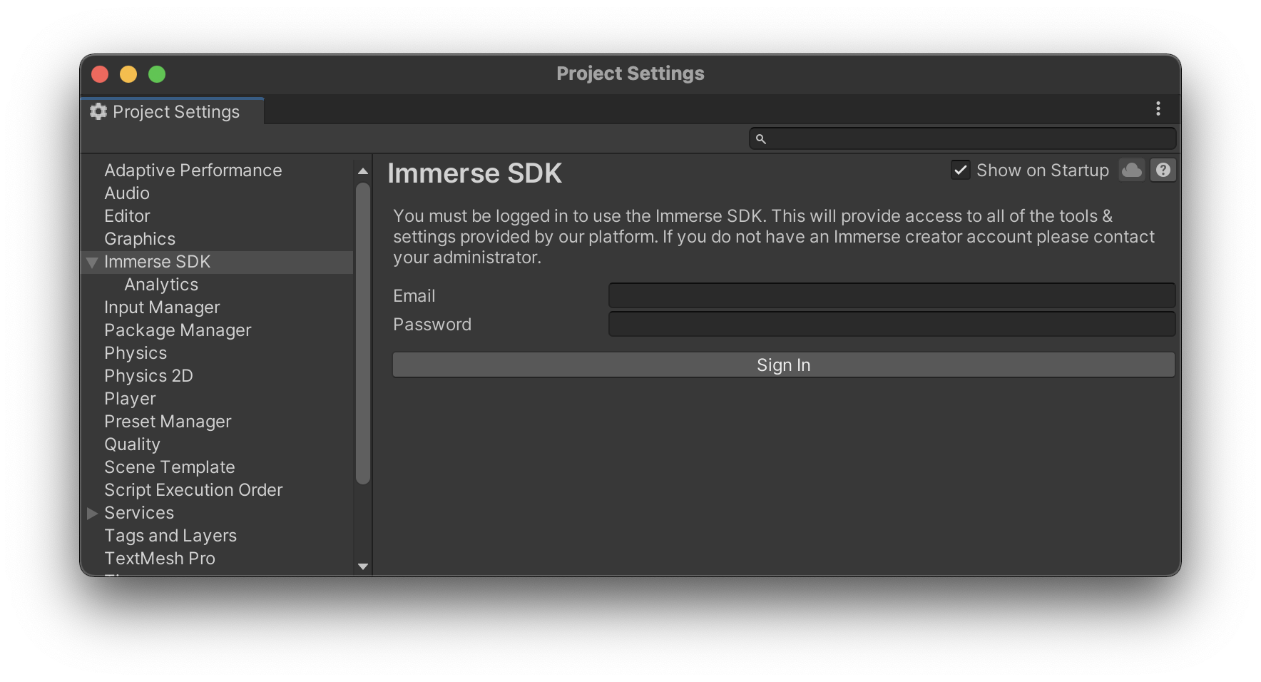 SDK sign in page in Unity