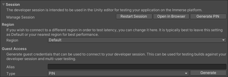 Session foldout in Immerse SDK settings