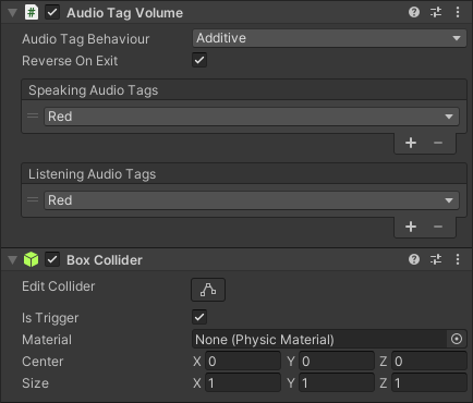 AudioTagVolume component and BoxCollider trigger