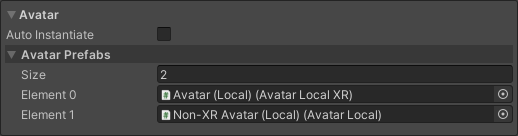 Avatar settings displaying manual avatar prefab selection array