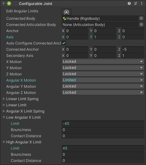 An example Configurable Joint that will restrict the rotation of the connected body between -45 and 45 degrees over the joint&rsquo;s local Y axis. Note that the <code>Axis</code> field specifies the axis used for the X axis limits.