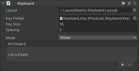 Keyboard component as it appears in the Inspector